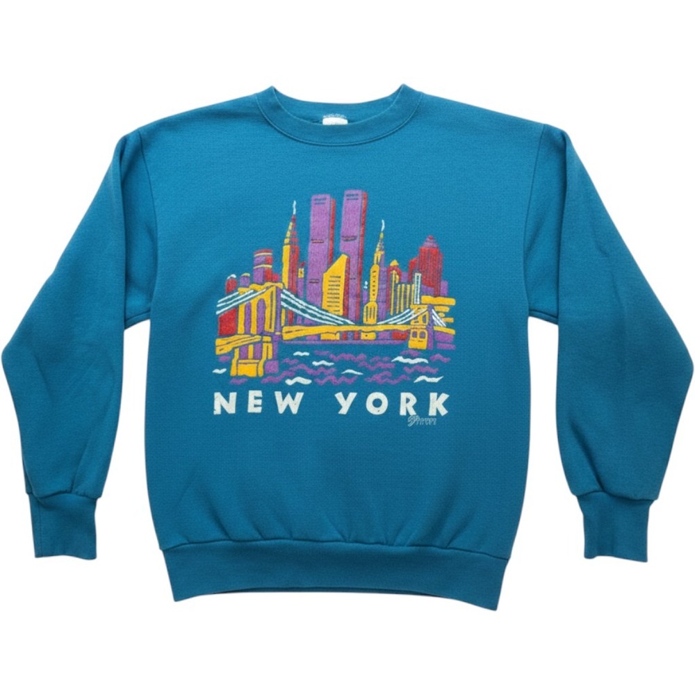 Vintage Delta New York City Skyline Sweatshirt Teal Blue 90s Twin Towers Large